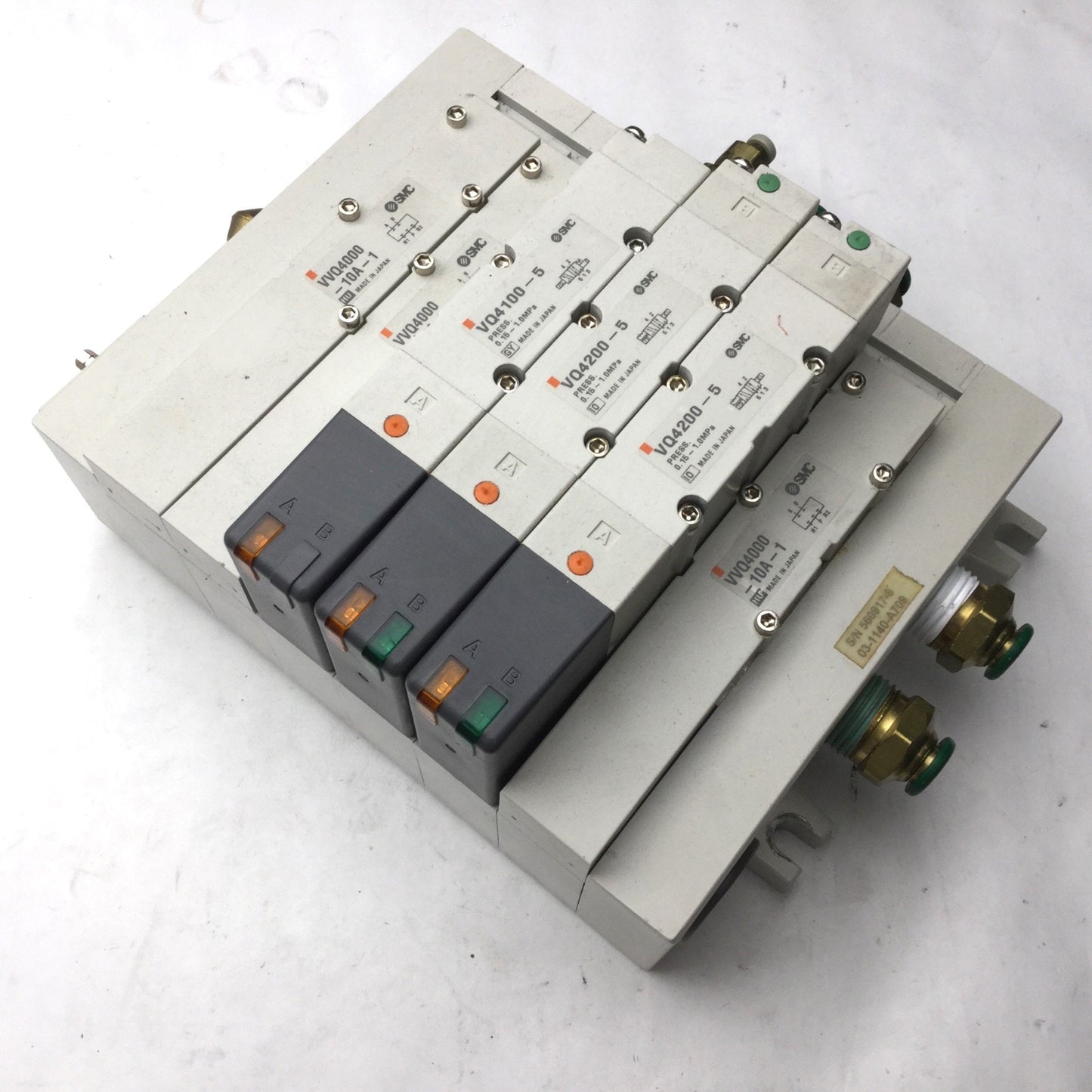 Used Bank of 3 SMC 2x VQ4200-5 & 1x VQ4100-5 Solenoid Valve, 2-Position 5-Port, 24VDC