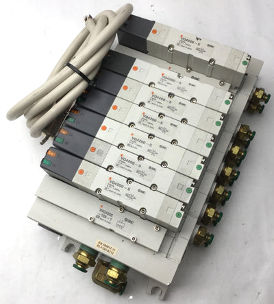 Used Bank of 7 SMC VQ4200-5 Solenoid Valve, 2-Position 5-Port, 24VDC, 0.15-1.0MPa