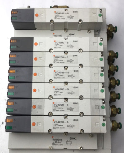 Used Bank of 7 SMC VQ4200-5 Solenoid Valve, 2-Position 5-Port, 24VDC, 0.15-1.0MPa