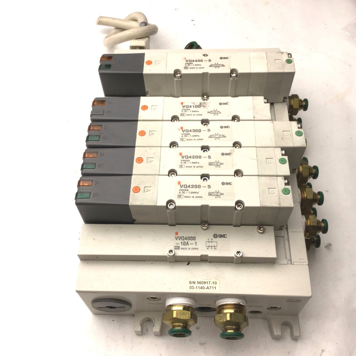 Used Bank of 5 SMC 1x VQ4100-5, 2x VQ4200-5, 1x VQ4300-5, 1x VQ4400-5 Solenoid Valves
