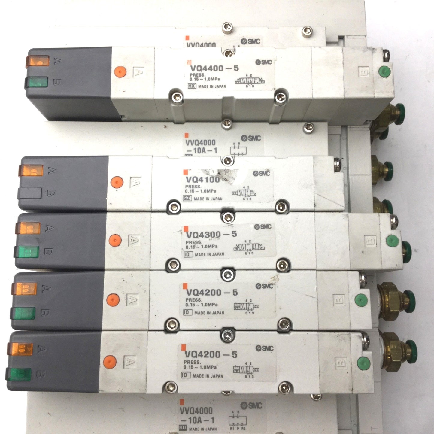 Used Bank of 5 SMC 1x VQ4100-5, 2x VQ4200-5, 1x VQ4300-5, 1x VQ4400-5 Solenoid Valves