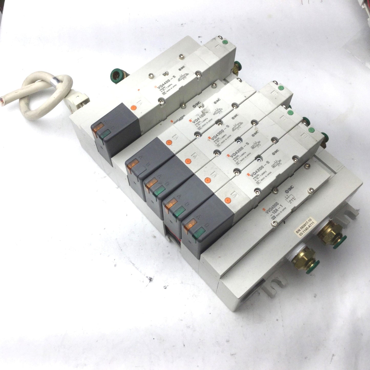 Used Bank of 5 SMC 1x VQ4100-5, 2x VQ4200-5, 1x VQ4300-5, 1x VQ4400-5 Solenoid Valves
