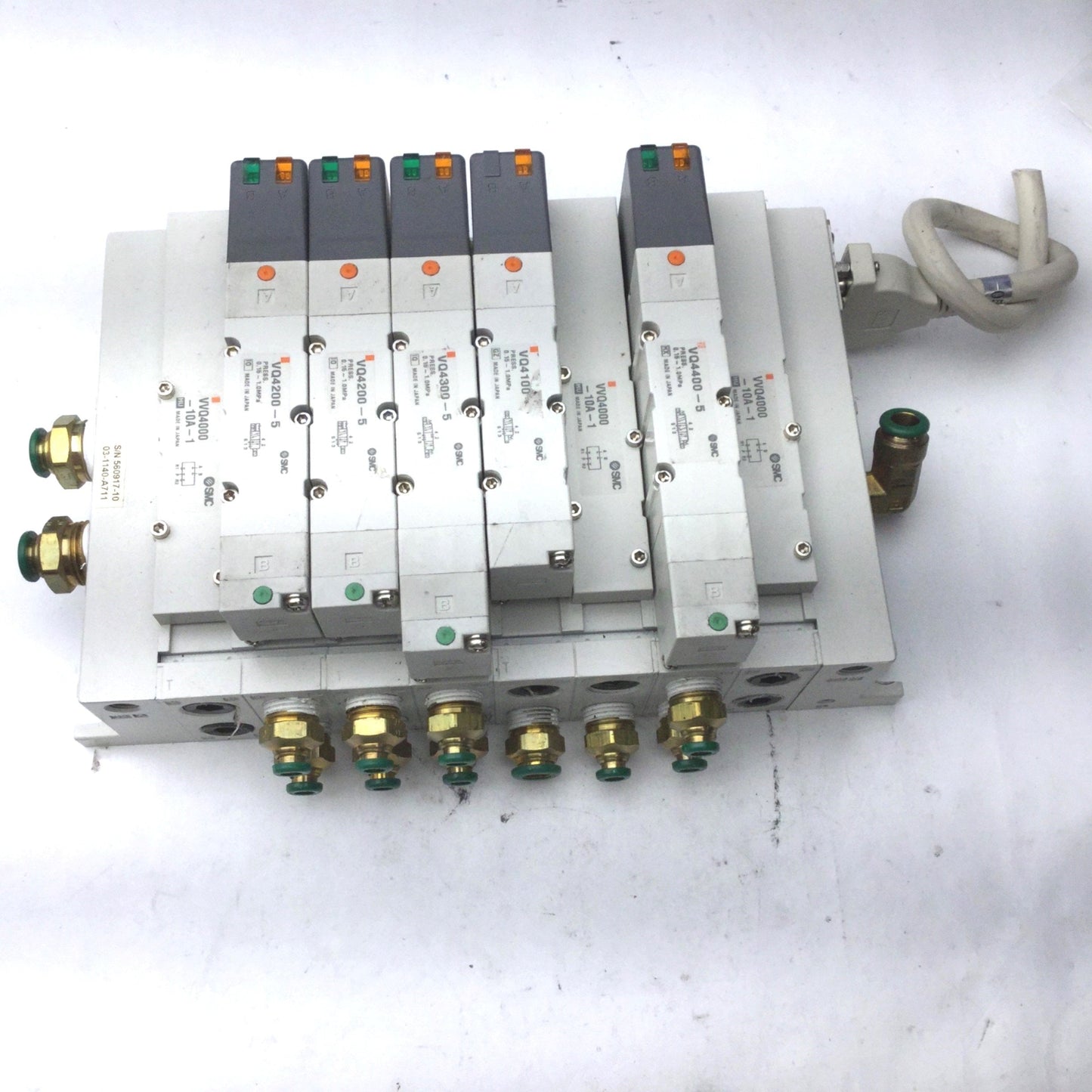 Used Bank of 5 SMC 1x VQ4100-5, 2x VQ4200-5, 1x VQ4300-5, 1x VQ4400-5 Solenoid Valves