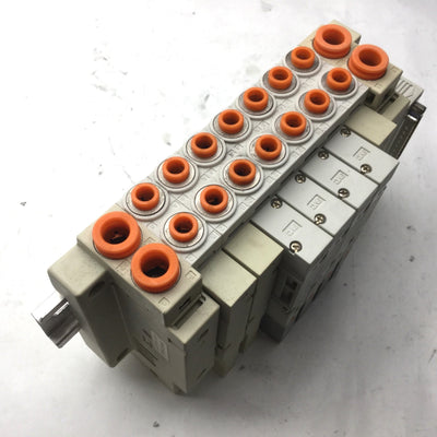 Used Bank of 3 SMC Solenoid Valves, 3x SV2300-5FU, 3-Pos 5-Way, Center Closed