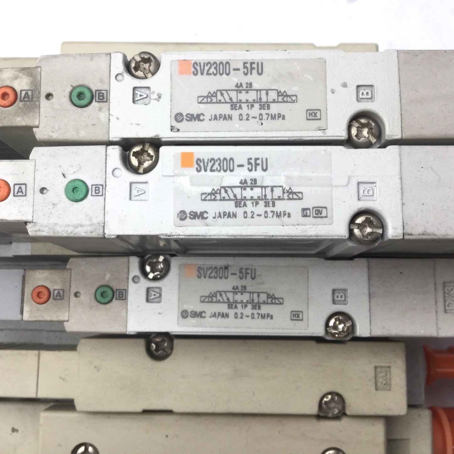 Used Bank of 3 SMC Solenoid Valves, 3x SV2300-5FU, 3-Pos 5-Way, Center Closed
