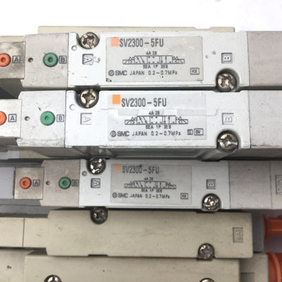 Used Bank of 3 SMC Solenoid Valves, 3x SV2300-5FU, 3-Pos 5-Way, Center Closed