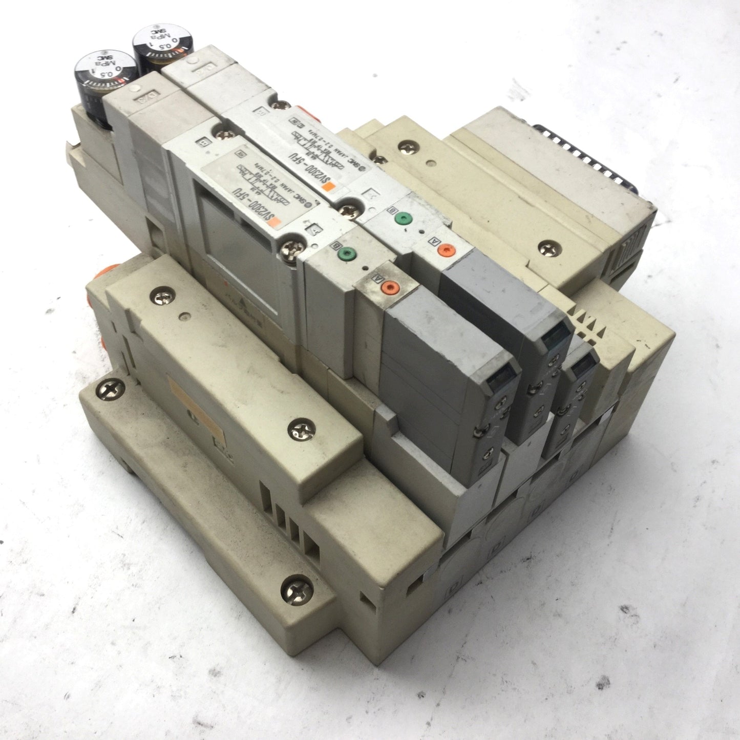 Used Bank of 3 SMC Solenoid Valves, 3x SV2300-5FU, 3-Pos 5-Way, Center Closed