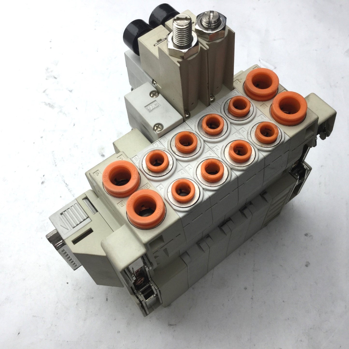 Used Bank of 3 SMC Solenoid Valves, 3x SV2300-5FU, 3-Pos 5-Way, Center Closed