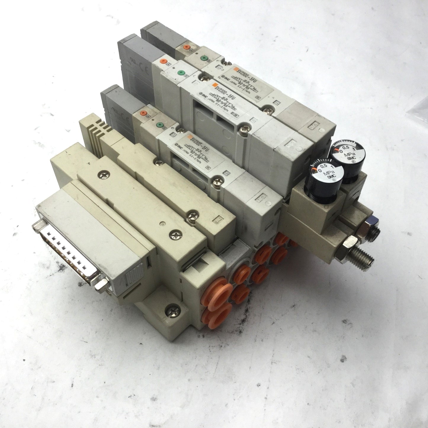 Used Bank of 3 SMC Solenoid Valves, 3x SV2300-5FU, 3-Pos 5-Way, Center Closed