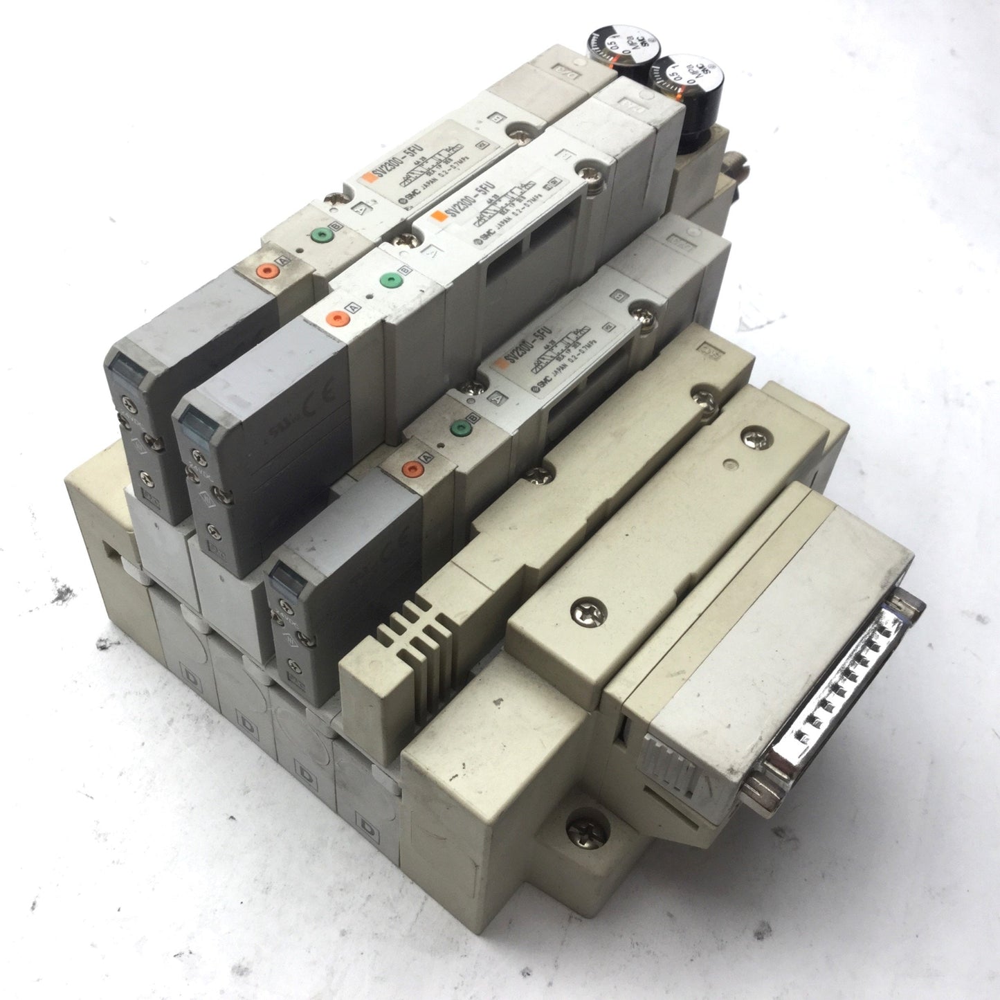 Used Bank of 3 SMC Solenoid Valves, 3x SV2300-5FU, 3-Pos 5-Way, Center Closed