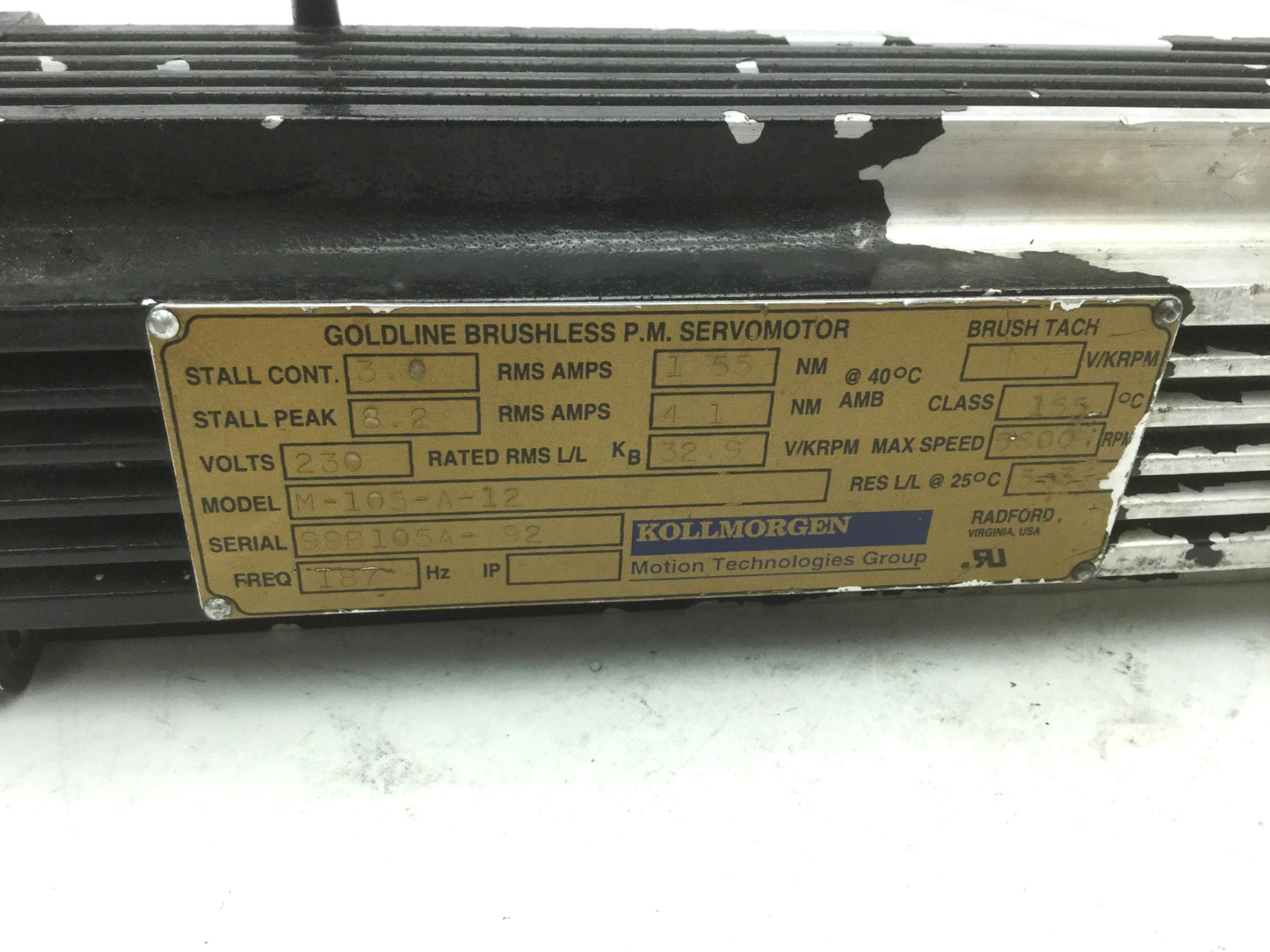Used Kollmorgen M-105-A-12 Goldline Servomotor, 230VDC, 5300 RPM, 70mm