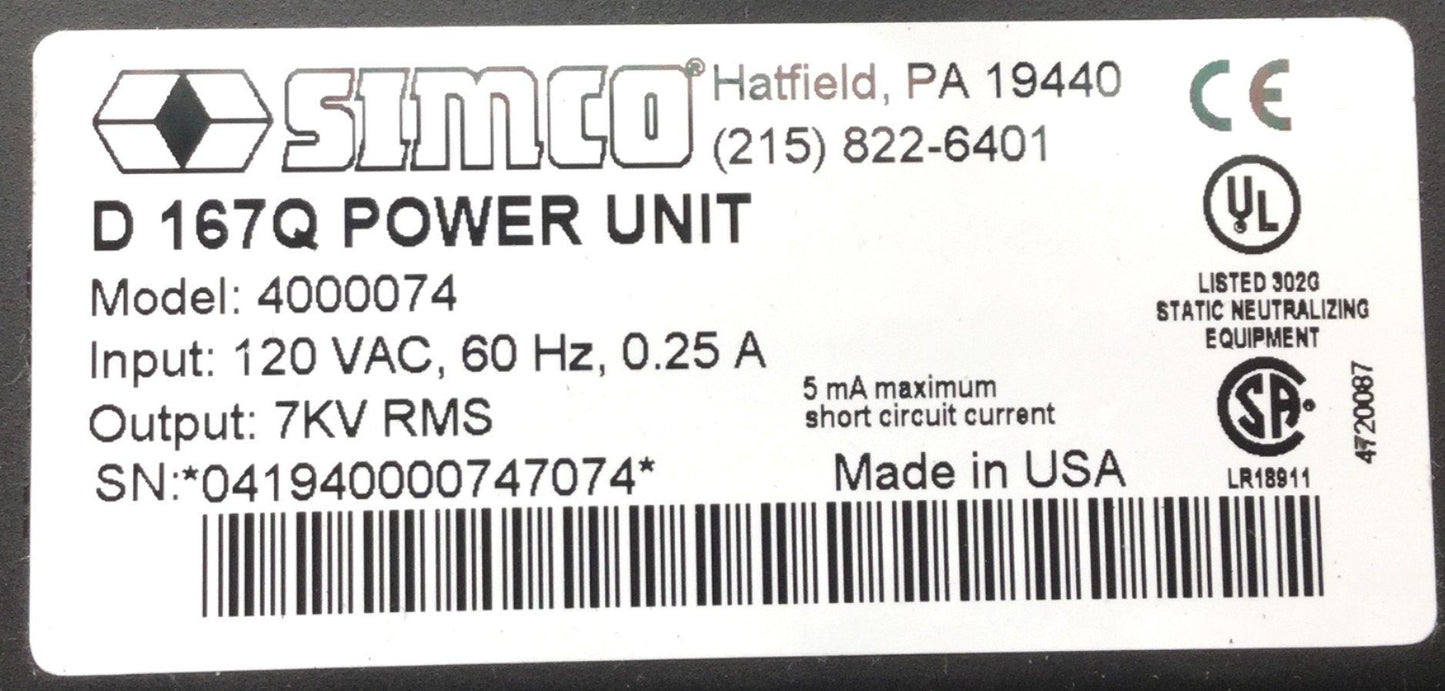 Used Simco D 167Q Static Power Supply & 24.5" Shockless Static Neutralizing Air Bar