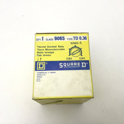 New Square D 9065 Type TD0.36 Thermal Overload Relay Range: 0.39A to 0.54A, 220-660V