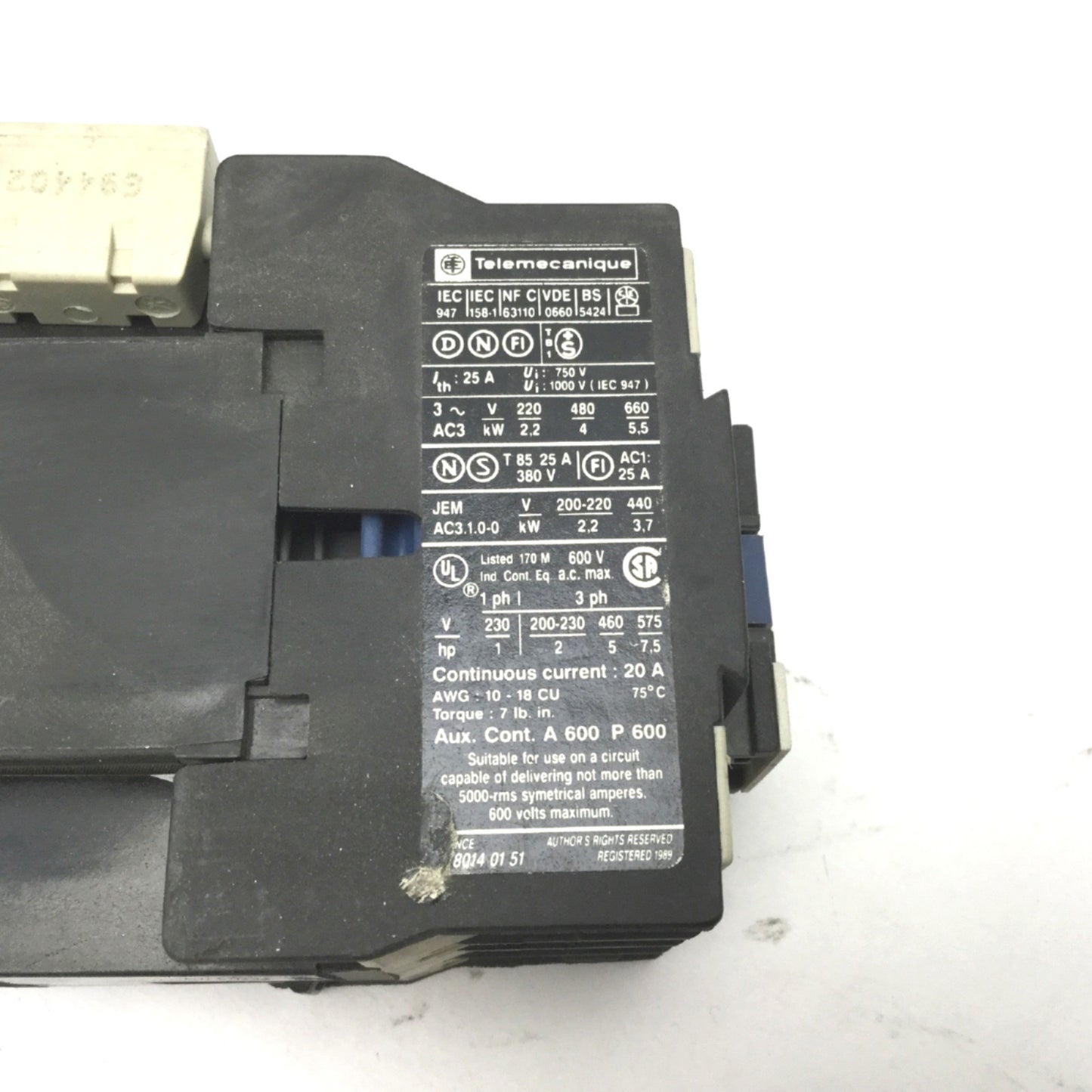 Used Telemecanique LP1 D0910 3-Phase 3-Pole Motor Contactor 200-660VAC 5.5kW 7.5Hp