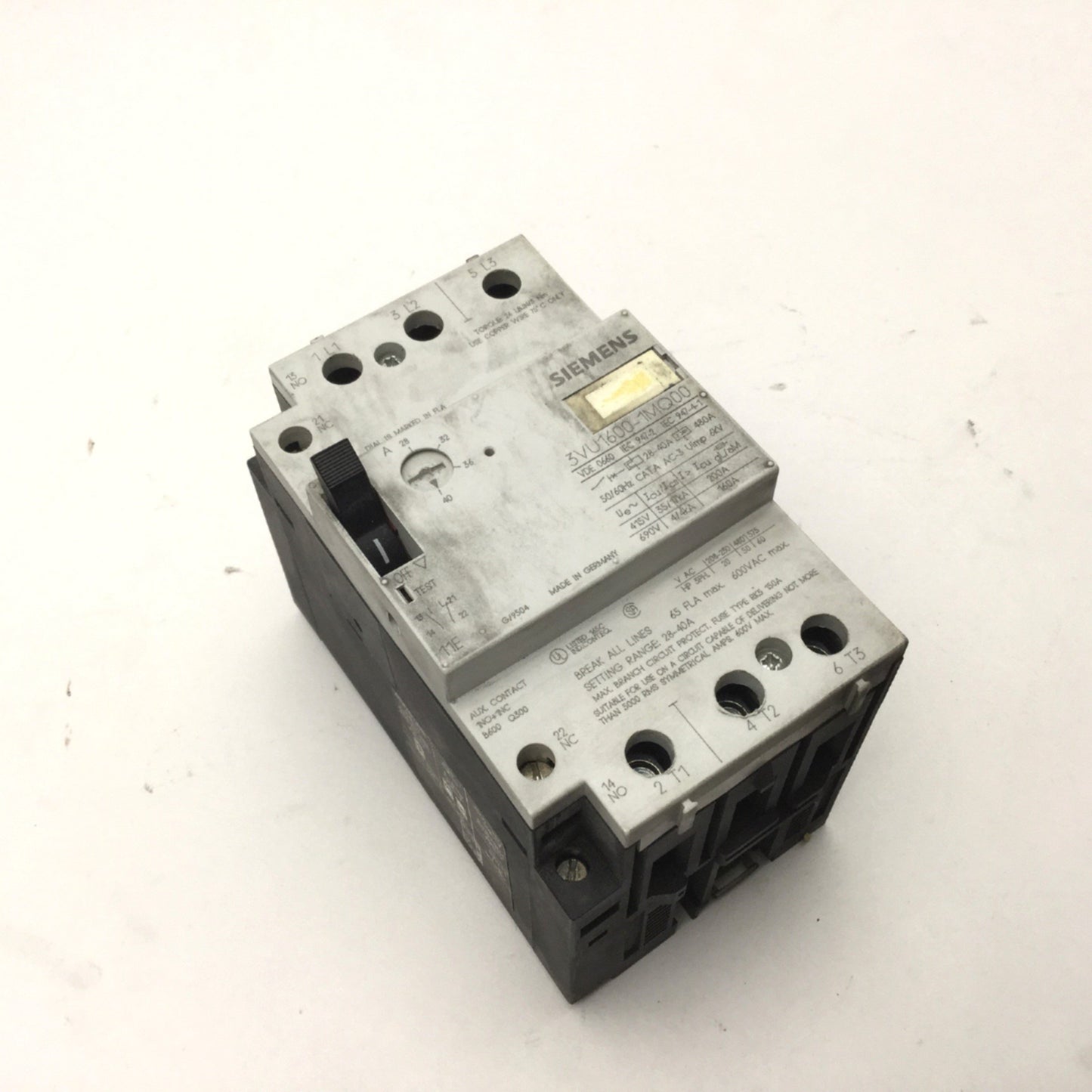 Used Siemens 3VU1600-1MQ00 Motor Protection Circuit Breaker 28-40A 600VAC 3-Phase