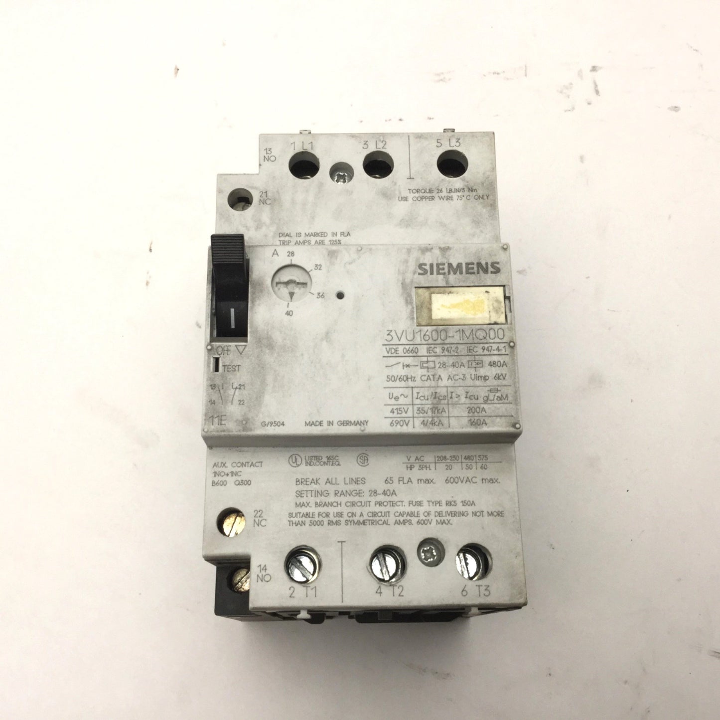 Used Siemens 3VU1600-1MQ00 Motor Protection Circuit Breaker 28-40A 600VAC 3-Phase