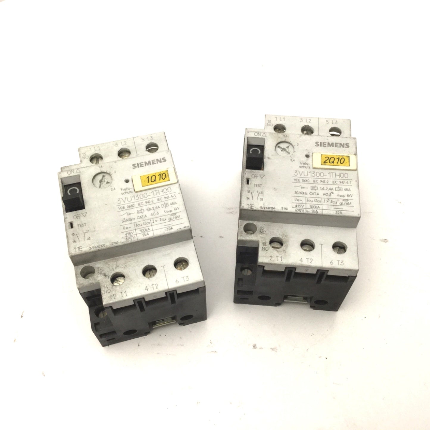 Used Lot Of 2 Siemens 3VU1300-1TH00 Motor Protection Circuit Breaker 1.6-2.4A 600VAC