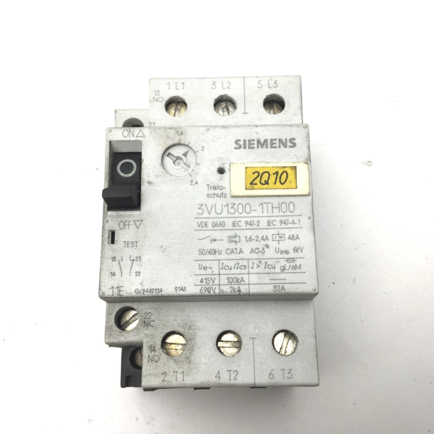 Used Lot Of 2 Siemens 3VU1300-1TH00 Motor Protection Circuit Breaker 1.6-2.4A 600VAC