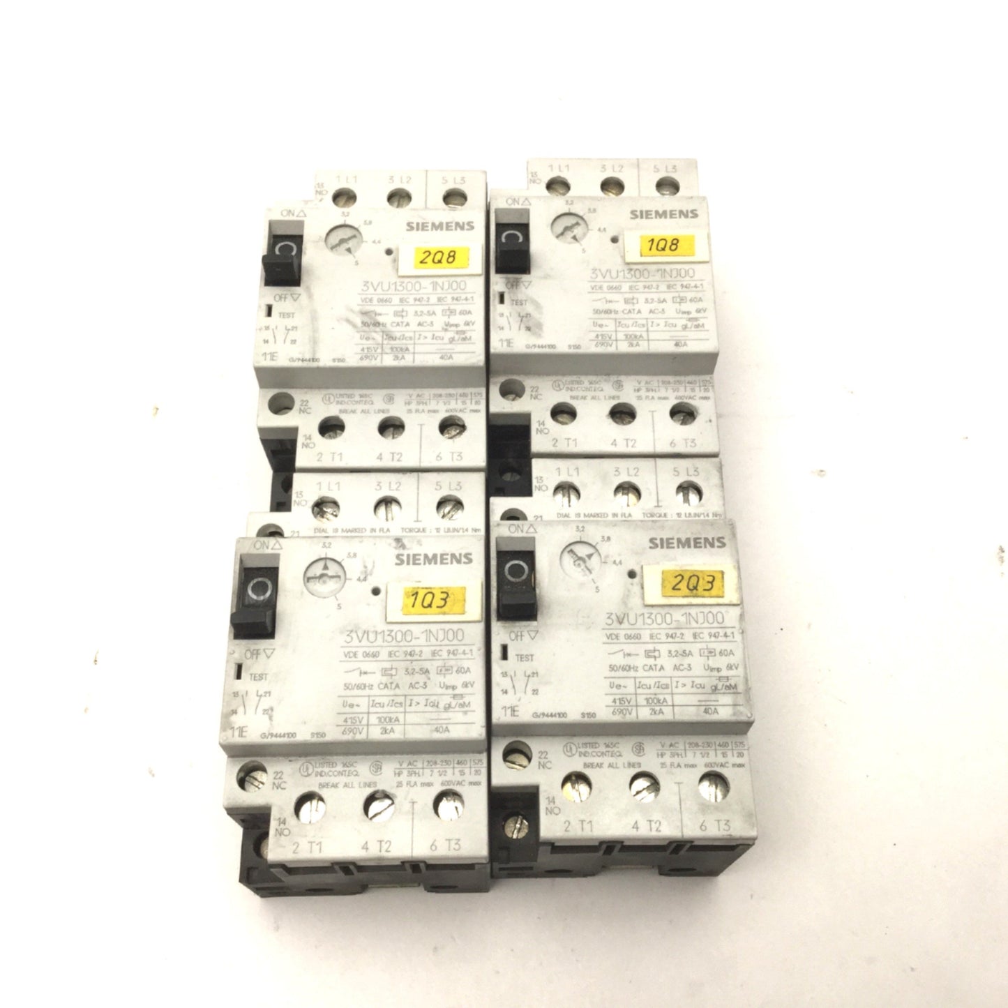 Used Lot Of 4 Siemens 3VU1300-1NJ00 Motor Protection Circuit Breakers 3.2-5A 600VAC