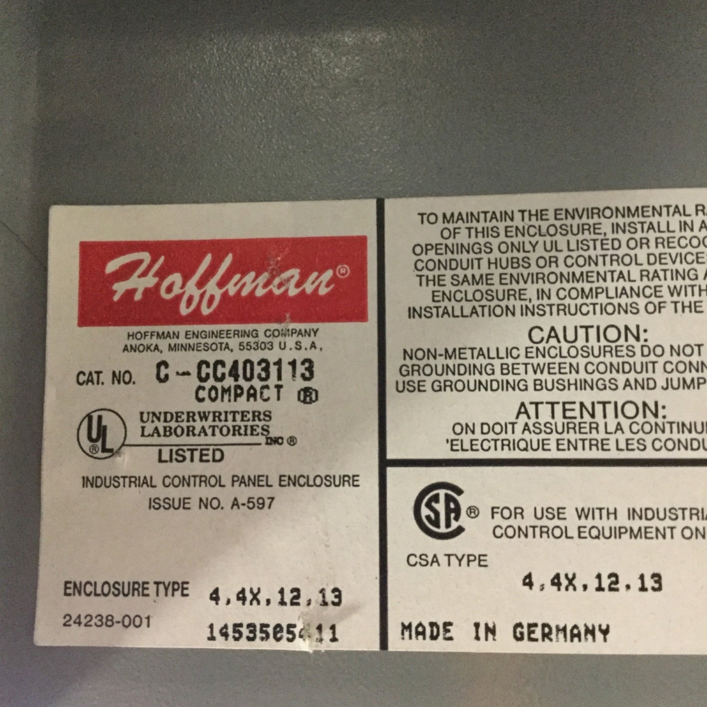 Used Hoffman C-CC403113 Cast Aluminum HMI Pendant Enclosure, Hinged, *Has Holes*