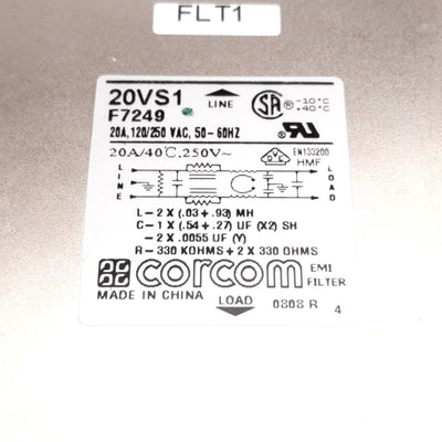 Used Corcom 20VS1 Line Filter, Spade Terminals, 120/250VAC, 20A, 50/60Hz, 1PH