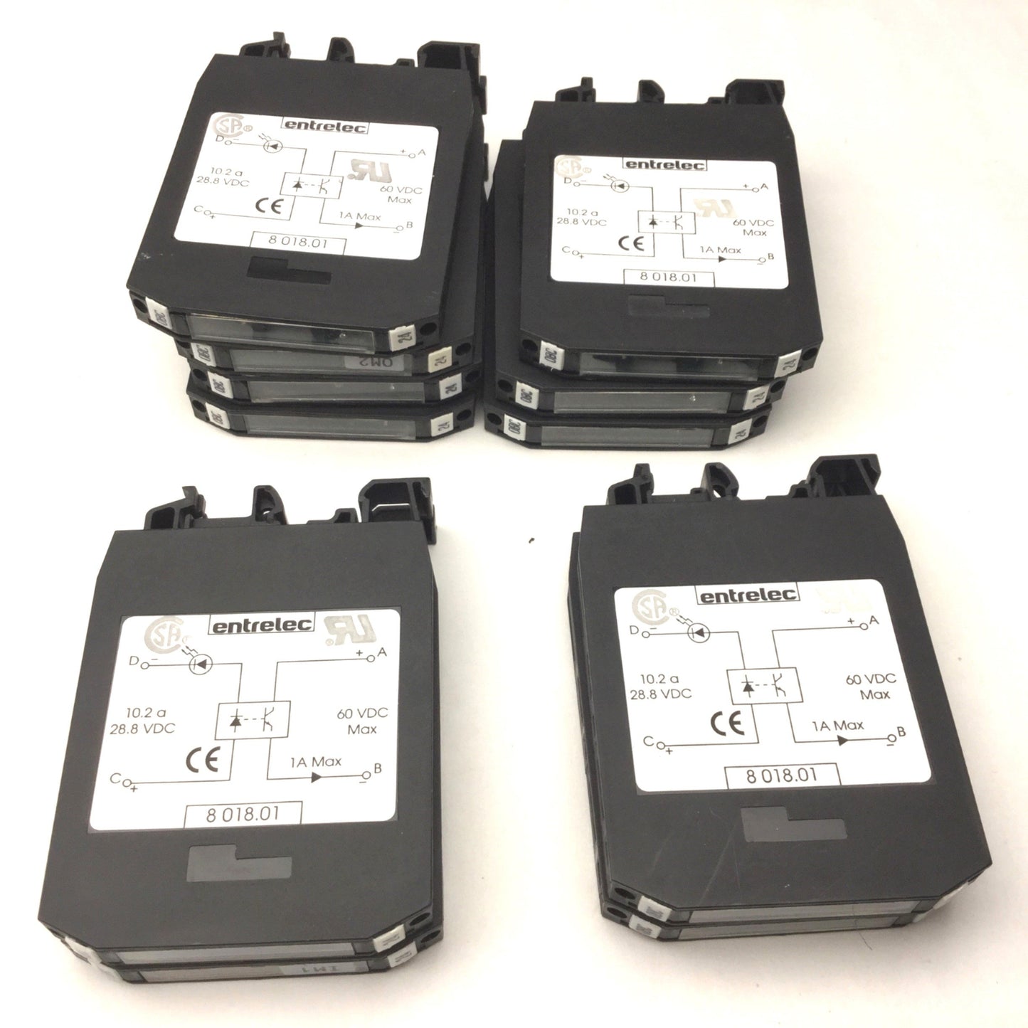 Used Lot of 11 Entrelec 8018.01 Optocoupler Modules, In: 28.8VDC 10.2A, Out: 60VDC 1A