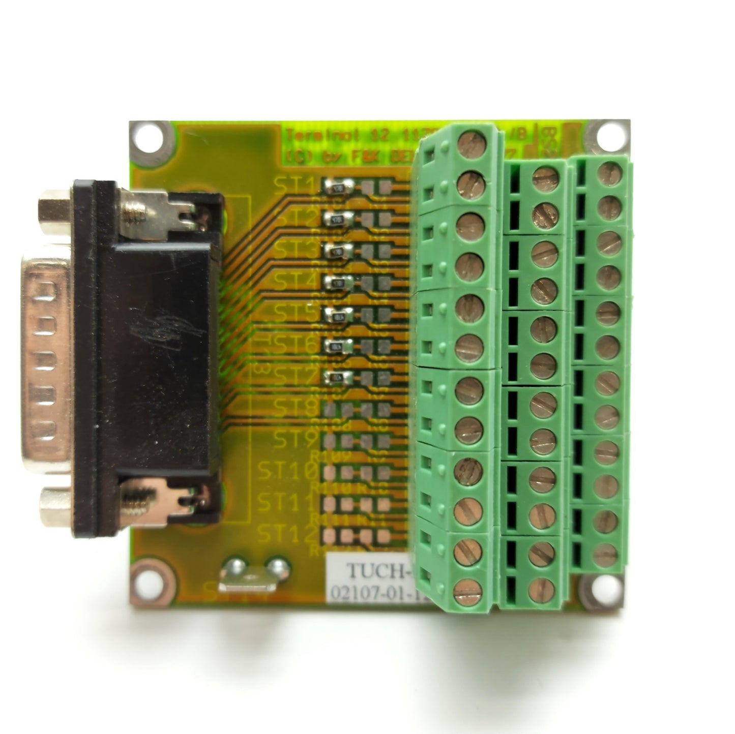 Used F&K Delvotec 1178 Terminal 12 Breakout Board, 15-Pin D-Sub Male to Terminals