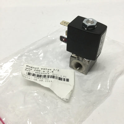 New – Open box Burkert 0200 003353272 2-Way Solenoid Plunger Valve, NBR VA, 24VDC Coil, 0-44psi