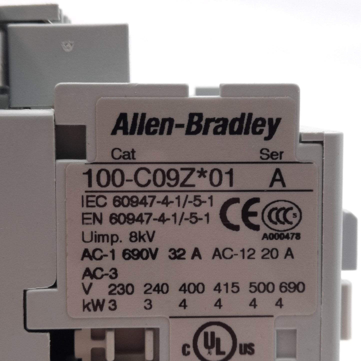 Used Allen Bradley 100-C09ZJ01 Contactor 25A, 3-Pole + 1NC, 24VDC Coil w/Suppressor