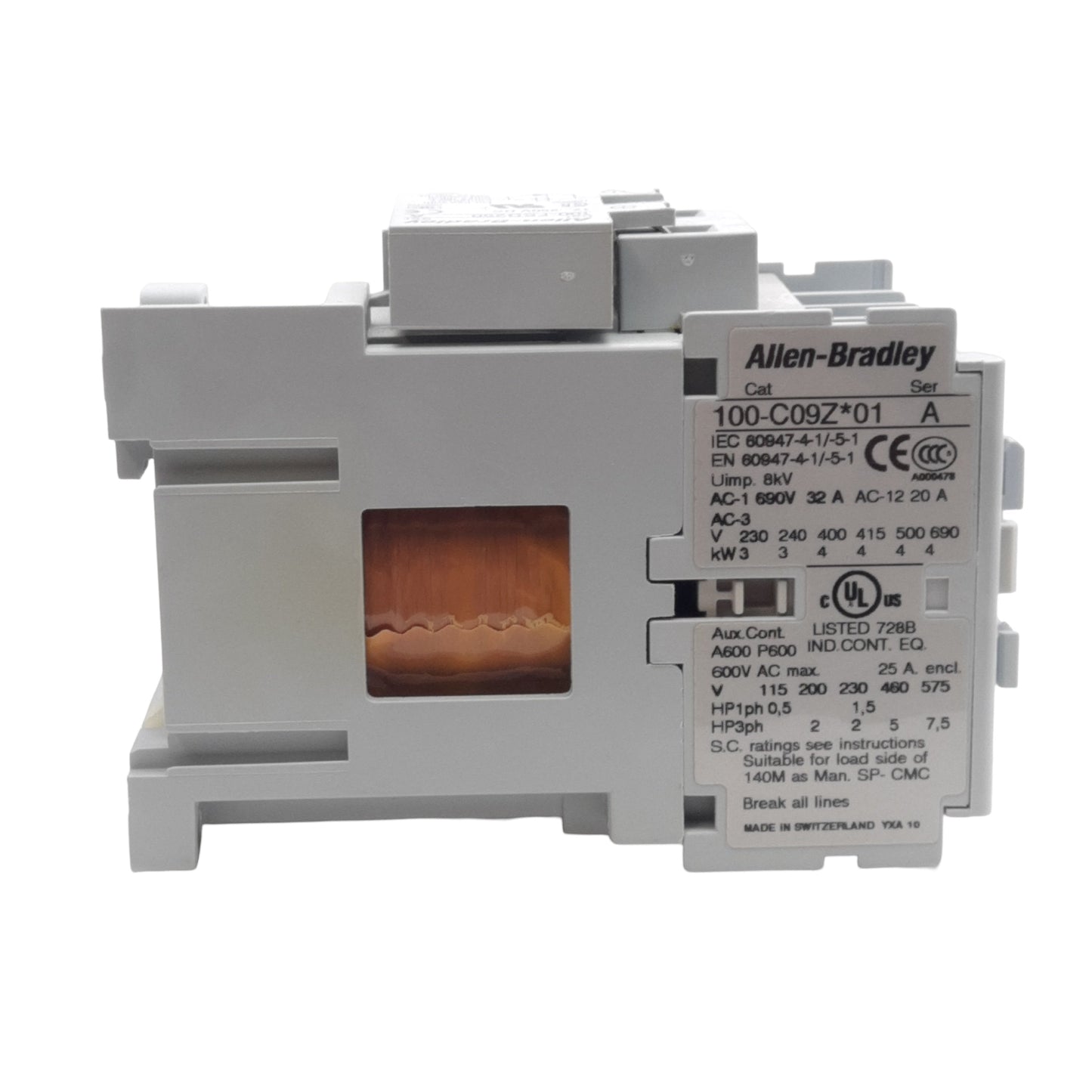 Used Allen Bradley 100-C09ZJ01 Contactor 25A, 3-Pole + 1NC, 24VDC Coil w/Suppressor