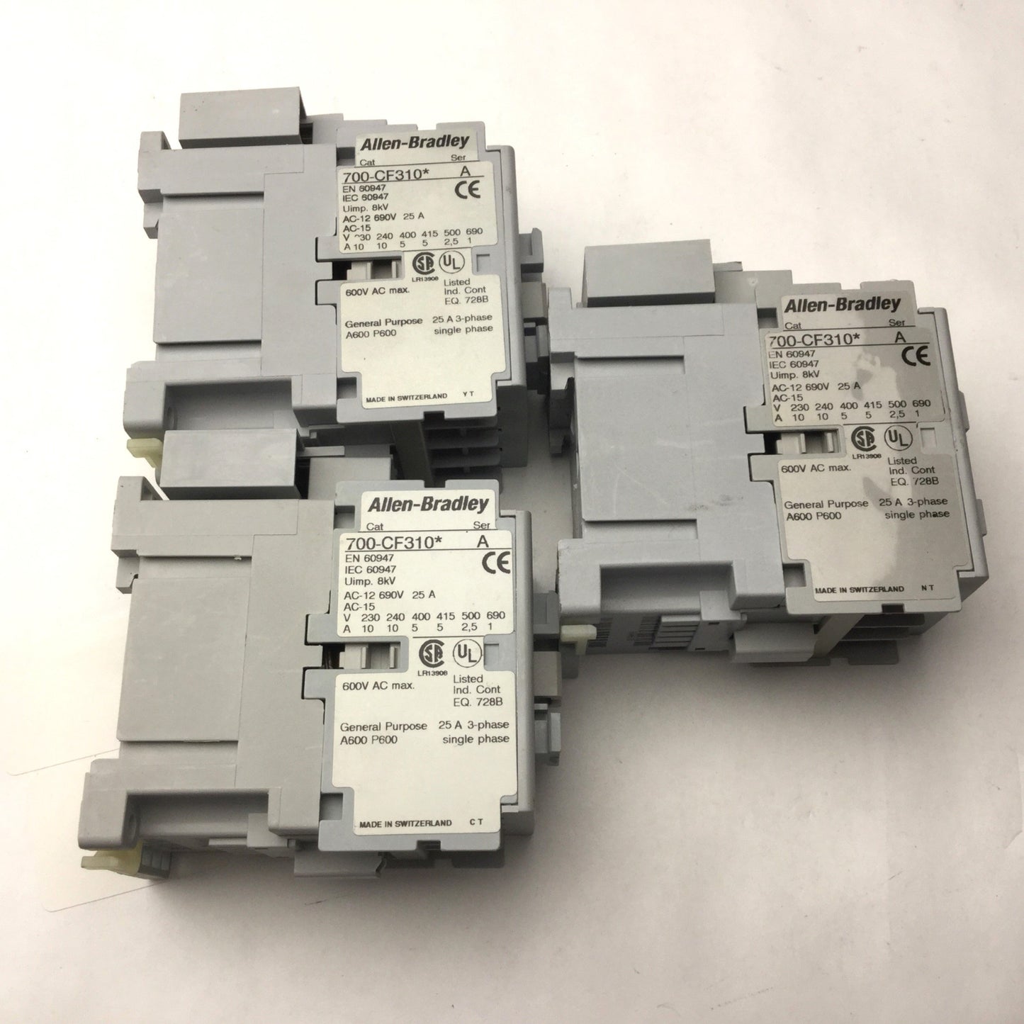 Used Lot of 3 Allen Bradley 700-CF310* Contactors, Coil: 110/120VAC 50/60Hz, 690V 25A