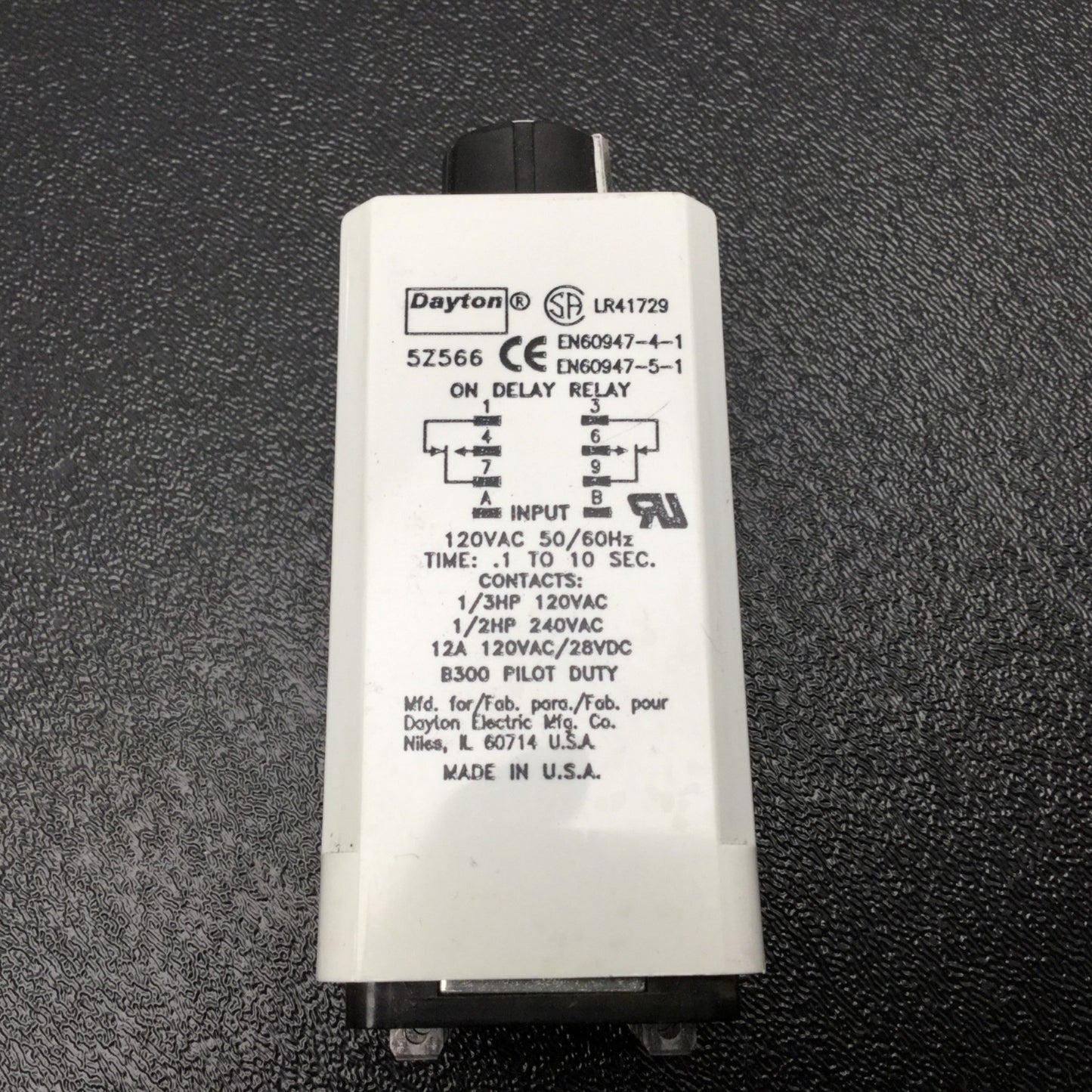 Used Dayton 5Z566 Time Delay Relay Range: 0.1 To 10 Seconds, Input: 120VAC 50/60Hz