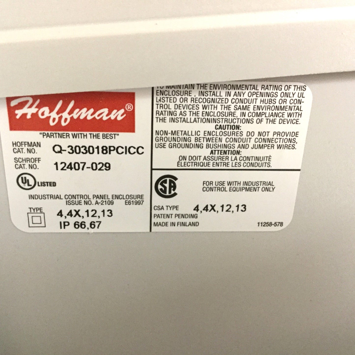 Used Hoffman Q-303018PCICC Electrical Enclosure, Dimensions: 7x11x11", *Holes*