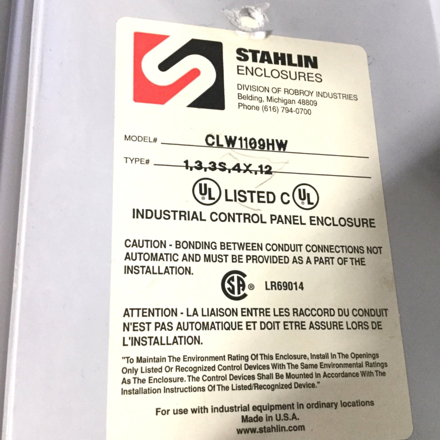Used Stahlin CLW1109HW Wall Enclosure Hinged, Type: 1, 3, 3S, 4X, 12, *Holes*