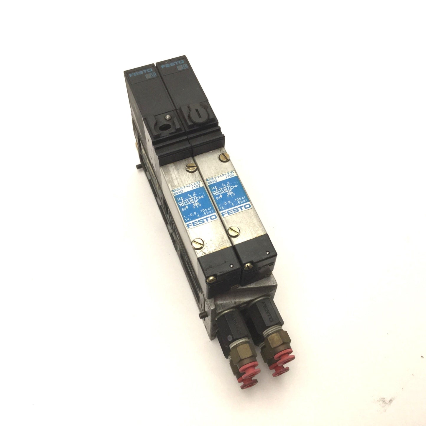 Used 2x Festo MT2H-5/2-4,0-L-S-VI Solenoid Valves On Festo VIGM-03-4,0 Manifold Block