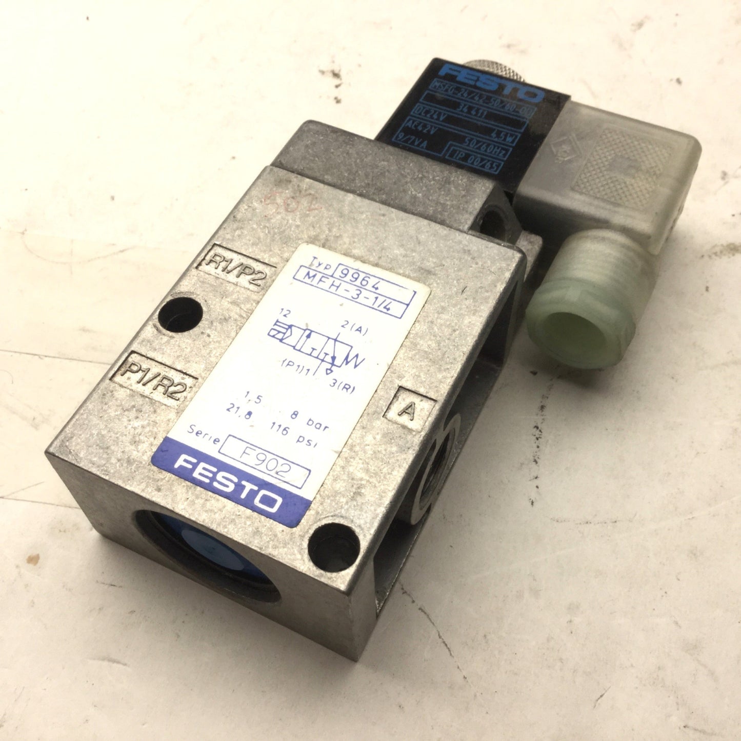 Used Festo MFH-3-1/4 Solenoid Valve, 1/4" G Ports 1.5-8bar, 2-Position 3-Way