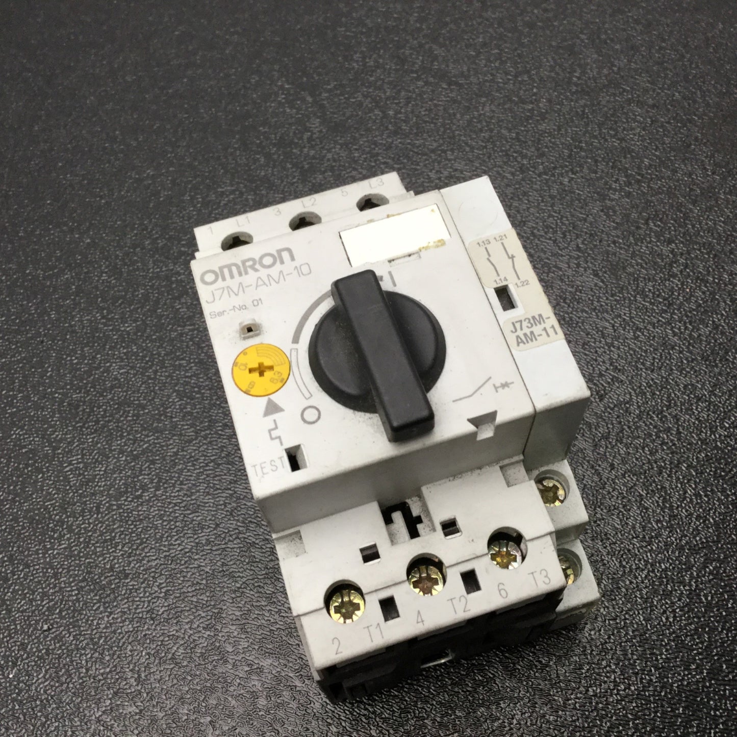 Used Omron J7M-AM-10 Motor Protection Circuit Breaker W/ J73M-AM-11 Aux Contact, 10A