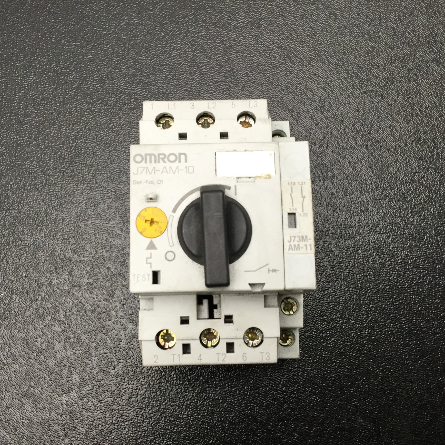 Used Omron J7M-AM-10 Motor Protection Circuit Breaker W/ J73M-AM-11 Aux Contact, 10A