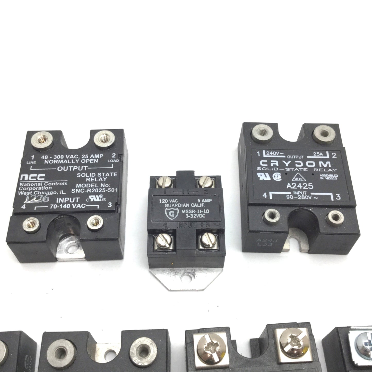 Used Lot of 7 Assorted Solid State Relay, 5A 12A 25A 40A 60VDC 100VDC 120VAC 240VAC