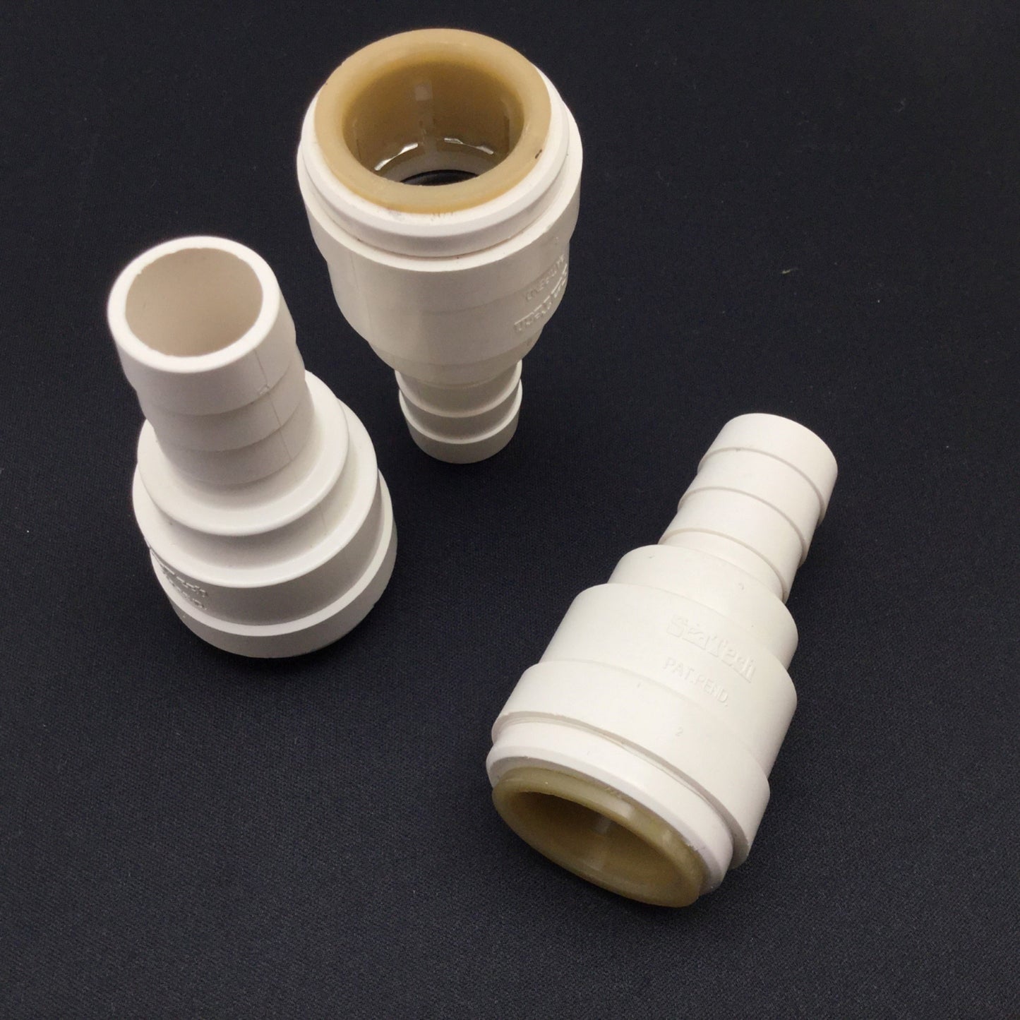 New – Open box Lot of 3 Sea Tech Push Fit to Barbed Adapter Fitting, 7/8" Push Fit to 3/4" Barb