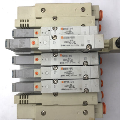 Used Bank of 5 SMC SV2100-5FU Solenoid Valves, 5-Port, 2-Position *Broken Connection*