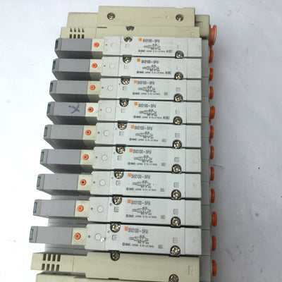 Used Bank of 9 SMC SV2100-5FU Solenoid Valves 5-Port, 2-Position *Broken Connection*