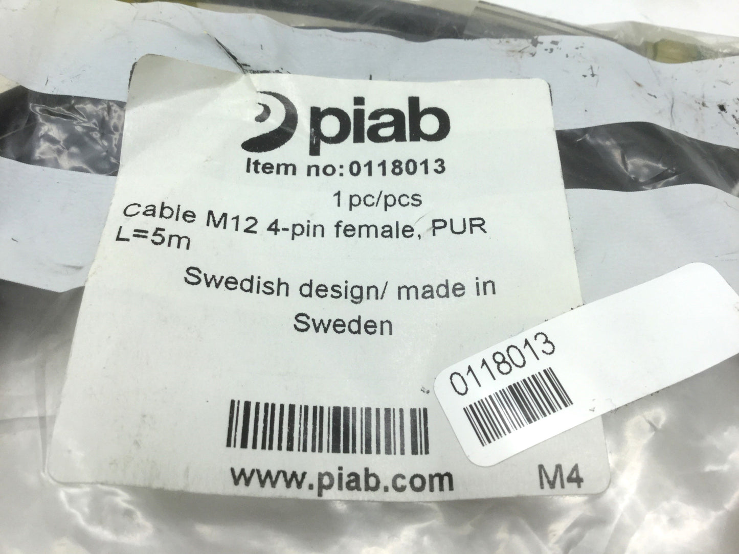 New Piab 0118013 M12 4-Pin Female Cable Length: 5M