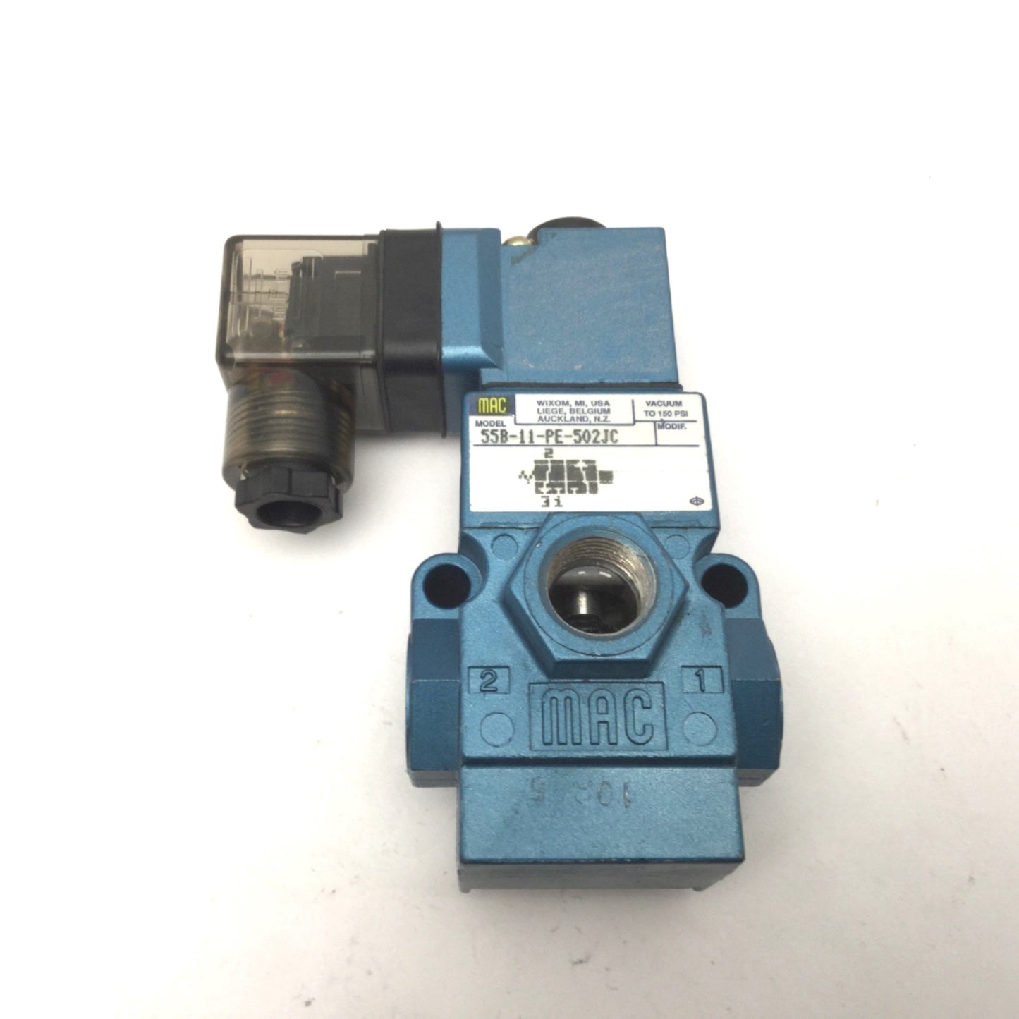 Used MAC 55B-11-PE-502JC Solenoid Valve Vacuum-150psi, Coil: 24VDC 6W, 1/4"NPTF, N.C.