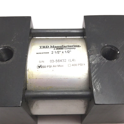 Used Bimba TRD 03-56432 Dual Rod Cylinder, Bore: 2.5", Stroke: 0.5", 1/4" NPT, *Rust*