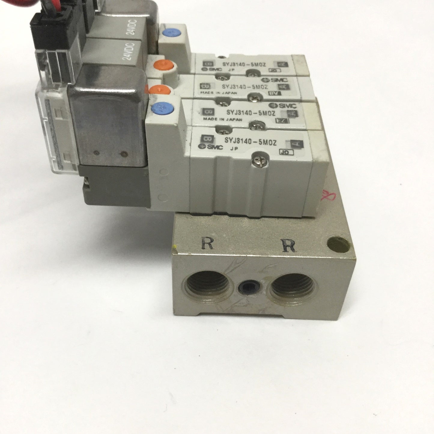 Used SMC SYJ3140-5MOZ (x4) 5-Port Base Mounted Solenoid Valves on Manifold 24VDC Coil