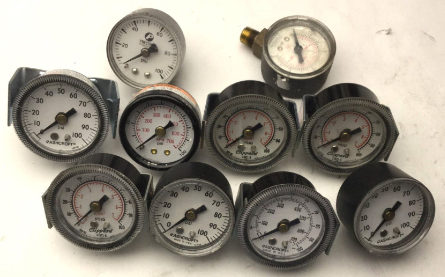Used Lot of 10 Miscellaneous Pressure Gauges, 1/8" NPT, Range: 0-100 PSI