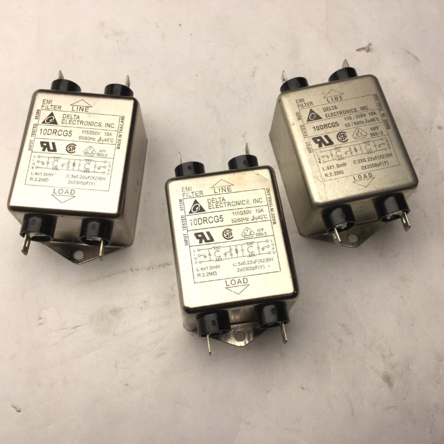Used Lot of 3 Delta 10DRCG5 Line Filter, 115/250VAC, 10A, 50/60Hz