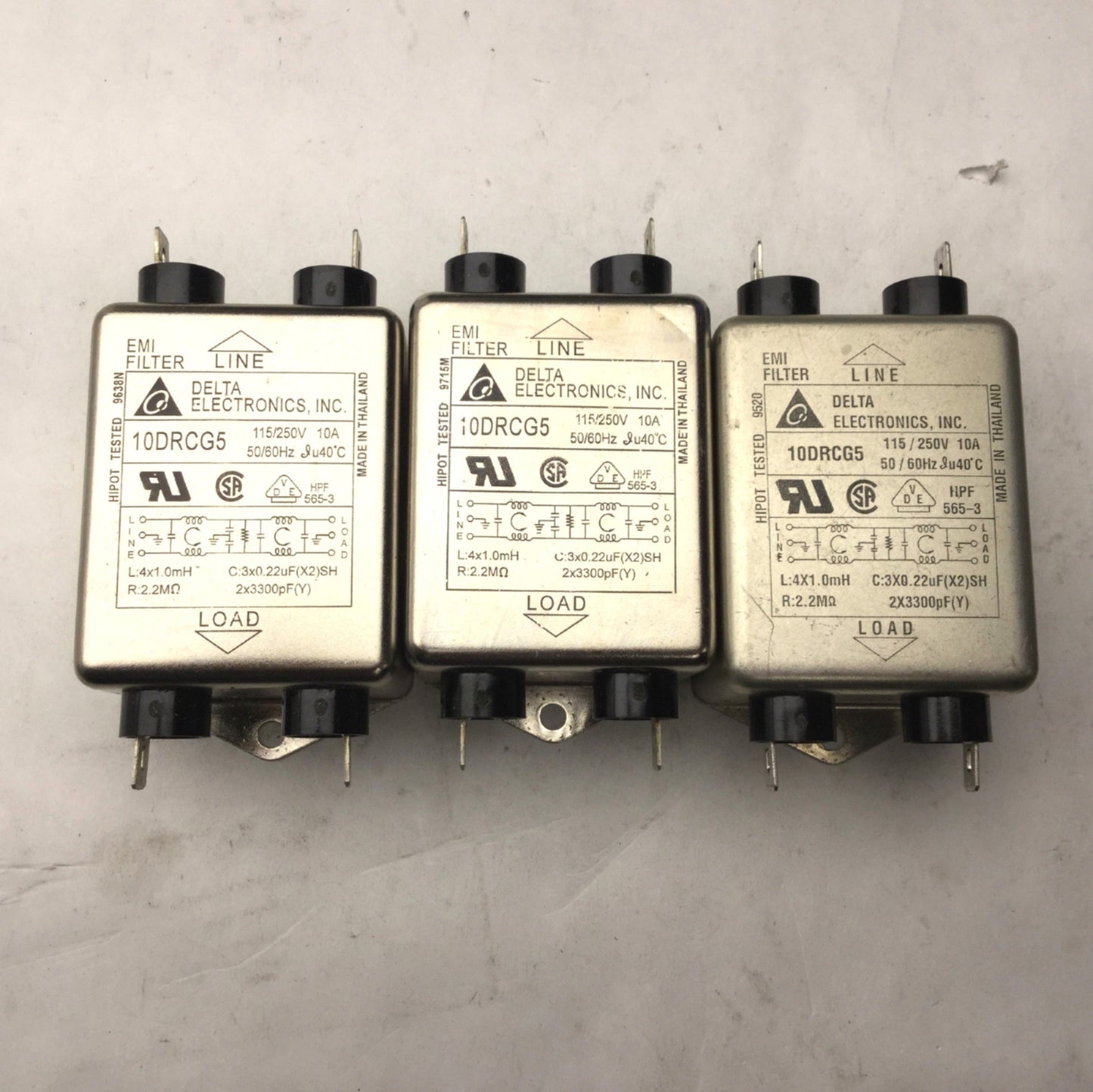 Used Lot of 3 Delta 10DRCG5 Line Filter, 115/250VAC, 10A, 50/60Hz