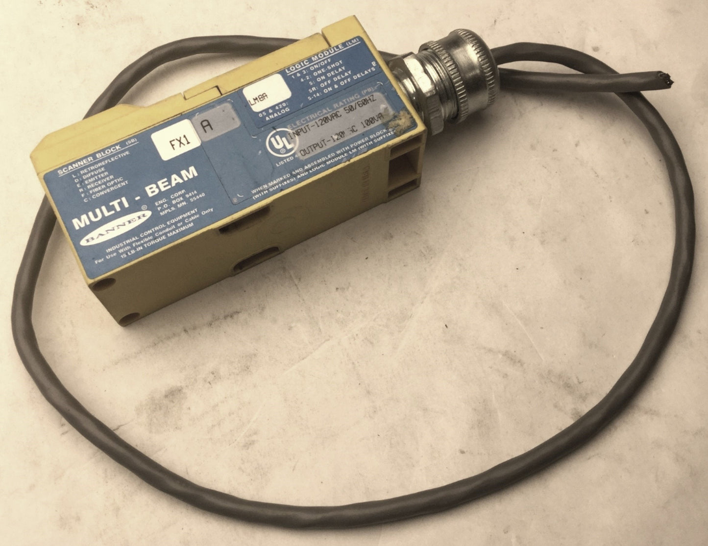 Used Banner FX1 A Maxi-Beam Scanner Block, LMBA Logic Module, 120VAC, 50/60Hz